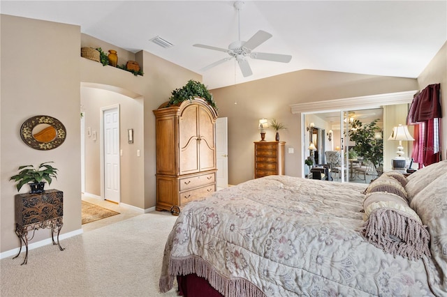 bedroom featuring arched walkways, visible vents, light carpet, vaulted ceiling, and access to outside