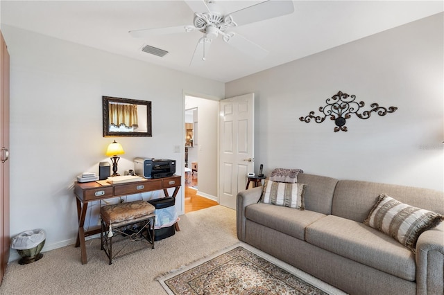 home office featuring ceiling fan, visible vents, and baseboards