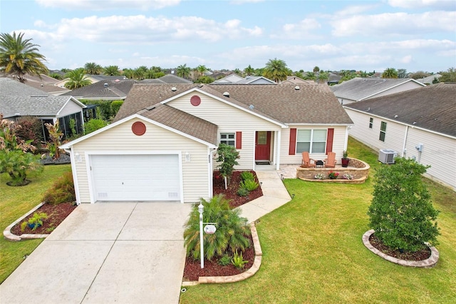 view of front of property with driveway, a residential view, central AC unit, and a front yard