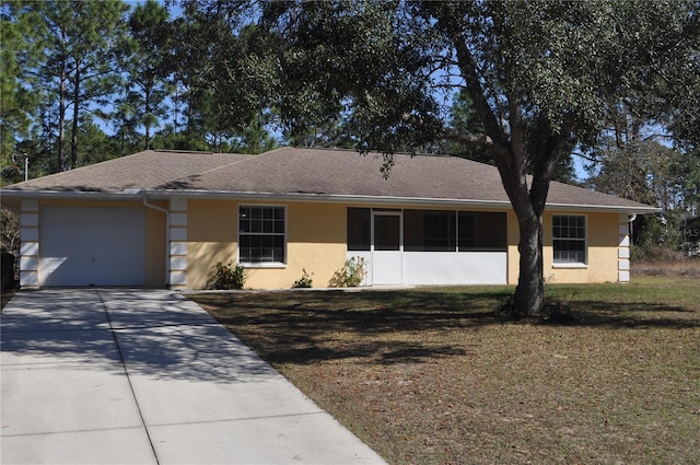 single story home featuring a garage, a front yard, concrete driveway, and stucco siding