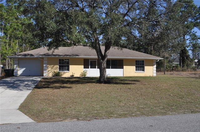 single story home featuring an attached garage, a front lawn, concrete driveway, and stucco siding