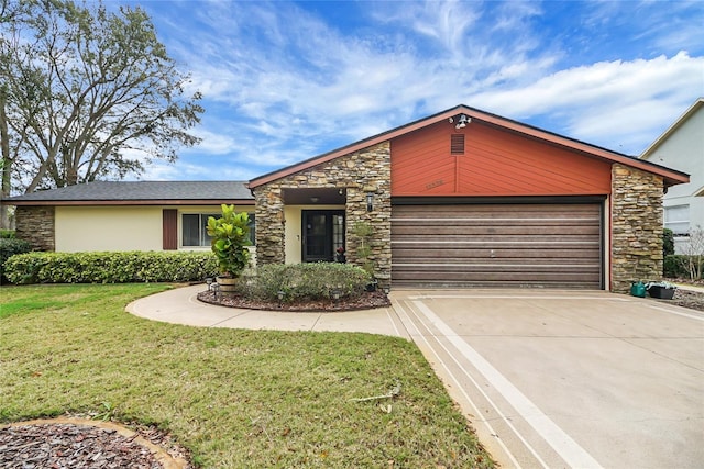 12338 S Putney Ct, Leesburg, FL 34788 - mid-century inspired home with a garage, stone siding, driveway, stucco siding, and a front lawn