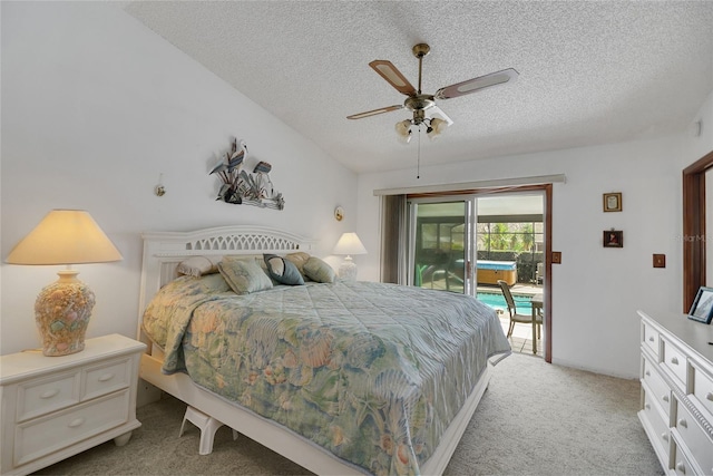 12338 S Putney Ct, Leesburg, FL 34788 - bedroom with access to exterior, light colored carpet, ceiling fan, and a textured ceiling