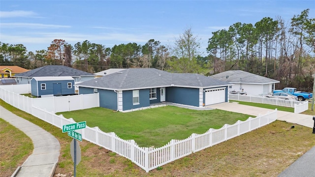 single story home with a garage, fence private yard, a front lawn, and concrete driveway