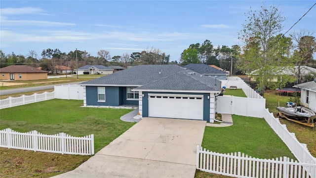 ranch-style home featuring an attached garage, a fenced front yard, concrete driveway, and a front yard