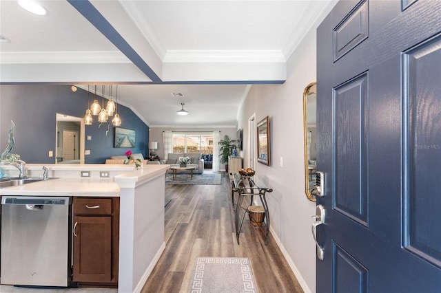 foyer entrance featuring visible vents, baseboards, dark wood-style floors, vaulted ceiling with beams, and crown molding