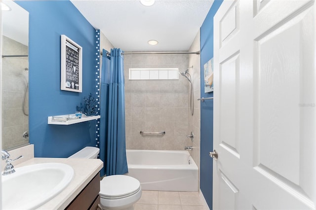 bathroom featuring vanity, tile patterned flooring, toilet, and shower / bathtub combination with curtain