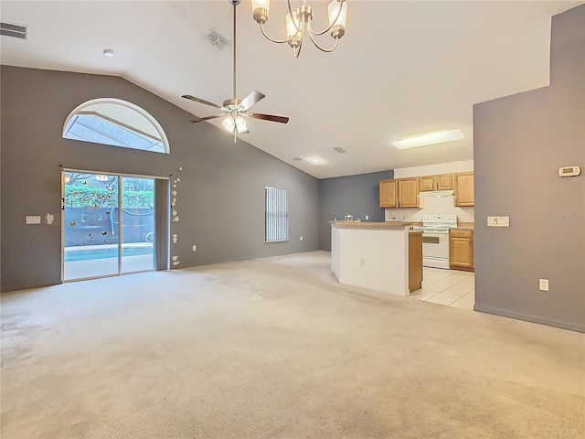 unfurnished living room featuring light carpet, high vaulted ceiling, ceiling fan with notable chandelier, and visible vents