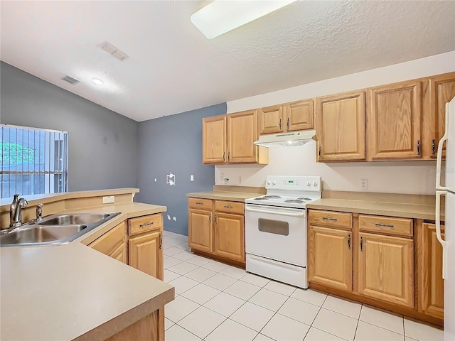 kitchen with light countertops, white range with electric cooktop, a sink, and under cabinet range hood