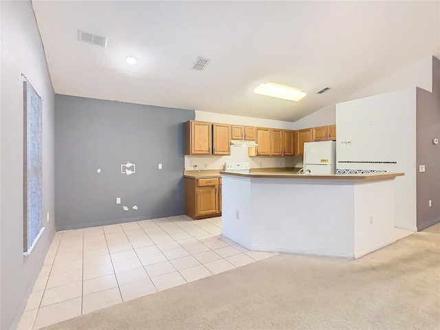 kitchen with light carpet, under cabinet range hood, visible vents, and freestanding refrigerator