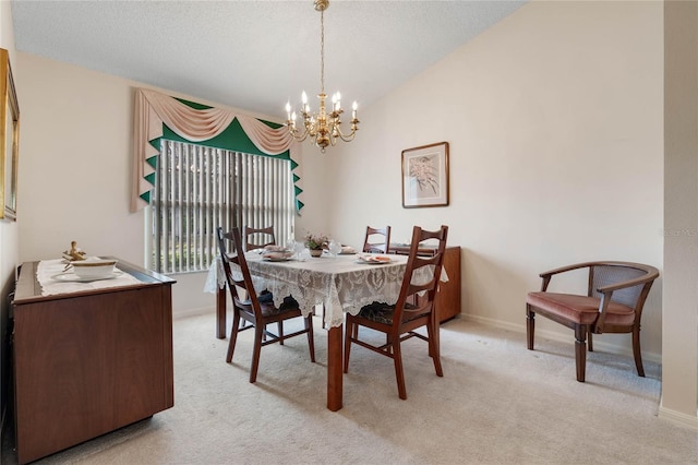 25274 Lost Oak Cir, Leesburg, FL 34748 - dining area with light carpet, baseboards, lofted ceiling, and an inviting chandelier