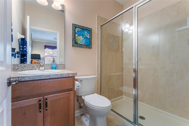 bathroom featuring vanity, connected bathroom, toilet, and a shower stall