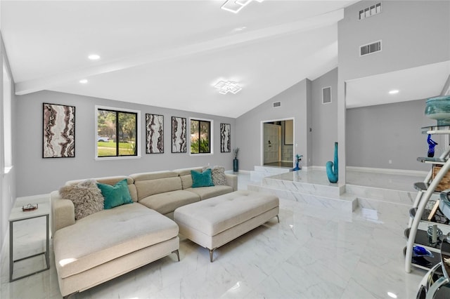 living room featuring recessed lighting, visible vents, baseboards, and marble finish floor