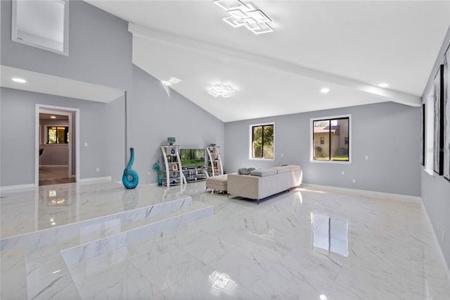 unfurnished living room featuring recessed lighting, baseboards, high vaulted ceiling, and marble finish floor