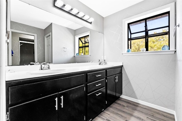 bathroom featuring a wealth of natural light, double vanity, wood finished floors, and a sink