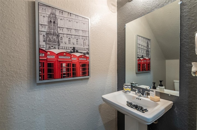 bathroom with toilet, a textured wall, and a sink