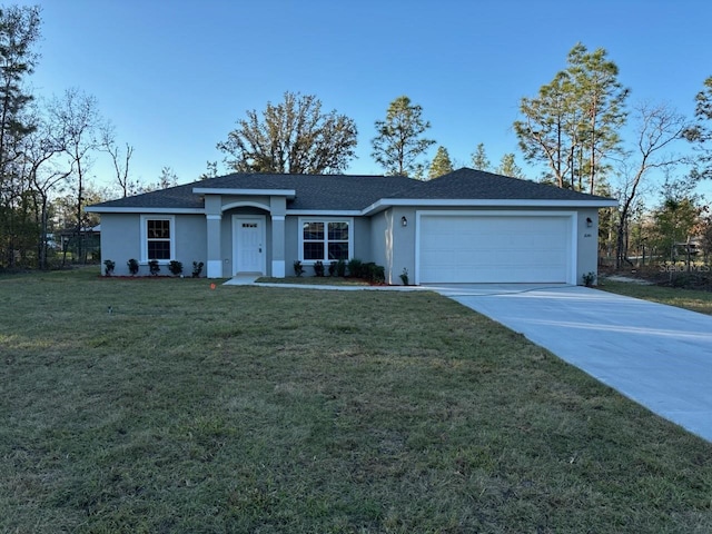 ranch-style house with a garage, concrete driveway, a front lawn, and stucco siding