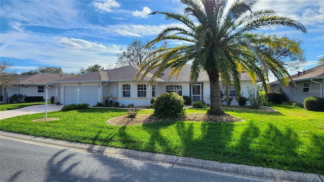 ranch-style home featuring driveway, a garage, a front yard, and stucco siding