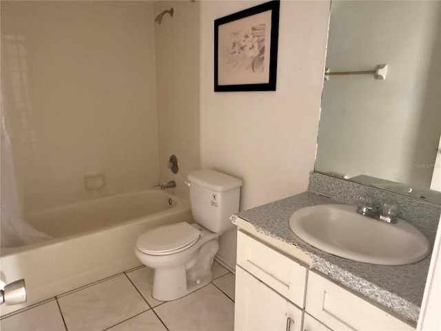 bathroom featuring toilet, shower / tub combination, vanity, and tile patterned floors