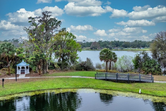 property view of water with a gazebo