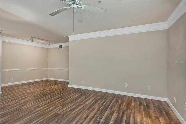 3368 Parkchester Square Blvd Unit 104, Orlando, FL 32835 - unfurnished room featuring ornamental molding, wood finished floors, baseboards, ceiling fan, and rail lighting