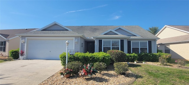 single story home featuring an attached garage, driveway, and roof with shingles