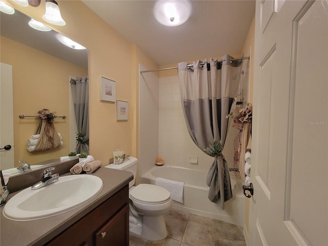 bathroom featuring visible vents, shower / bathtub combination with curtain, toilet, vanity, and tile patterned flooring