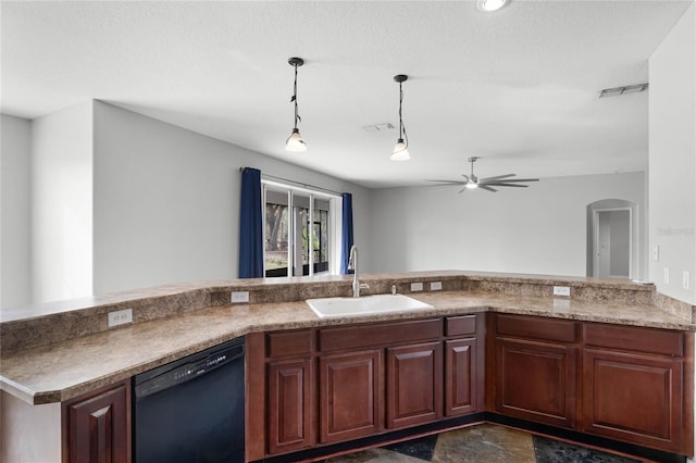 kitchen featuring arched walkways, pendant lighting, a ceiling fan, a sink, and dishwasher