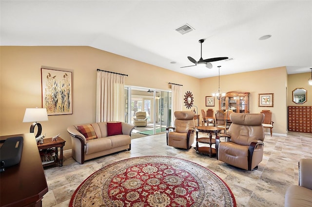 living area with baseboards, visible vents, vaulted ceiling, and ceiling fan with notable chandelier