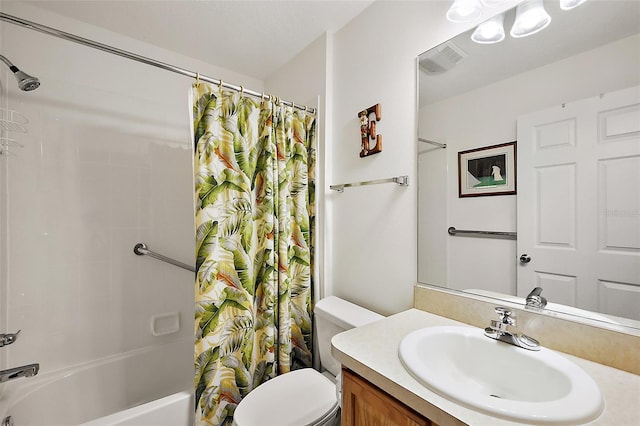 full bath with shower / tub combo, visible vents, vanity, and toilet