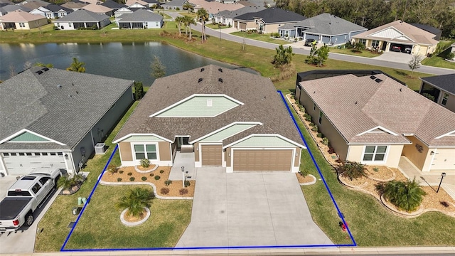 aerial view featuring a water view and a residential view