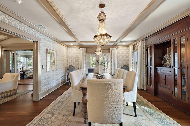 dining room with baseboards, dark wood-type flooring, an inviting chandelier, and wallpapered walls