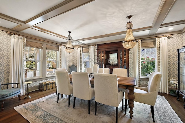 dining space featuring a wealth of natural light, coffered ceiling, dark wood finished floors, and wallpapered walls