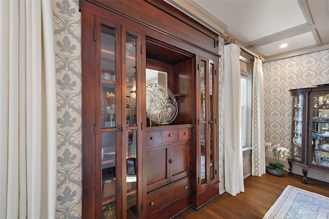 interior space featuring dark wood-style flooring and wallpapered walls