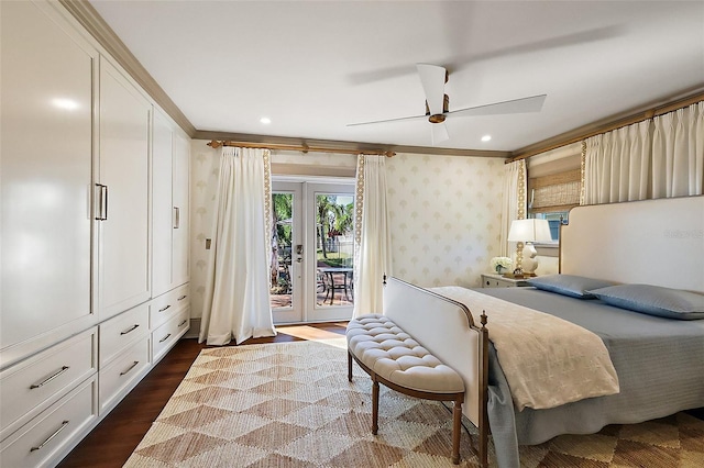 bedroom featuring access to exterior, dark wood-style flooring, french doors, recessed lighting, and wallpapered walls