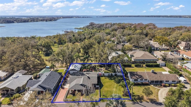 aerial view featuring a water view and a residential view