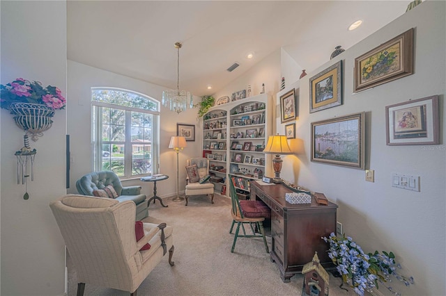 home office featuring a chandelier, recessed lighting, visible vents, vaulted ceiling, and carpet