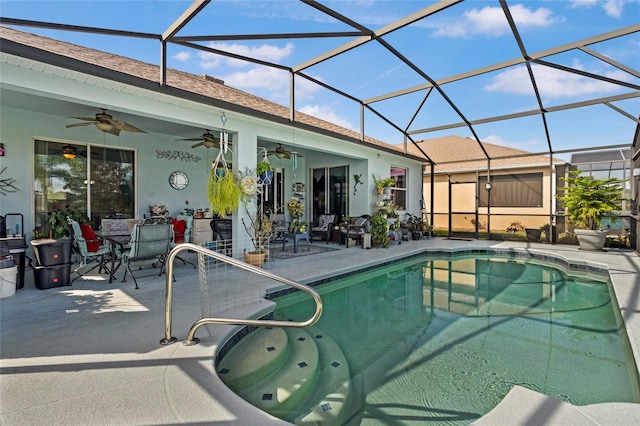 8780 Bridgeport Bay Cir, Mount Dora, FL 32757 - outdoor pool with a patio, ceiling fan, outdoor dining space, and glass enclosure