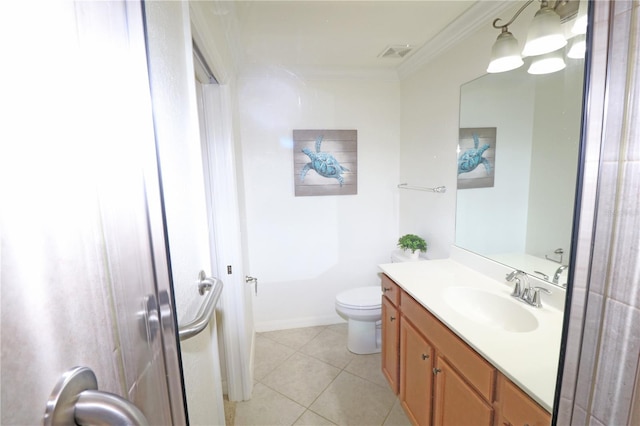 bathroom featuring visible vents, toilet, ornamental molding, tile patterned flooring, and vanity