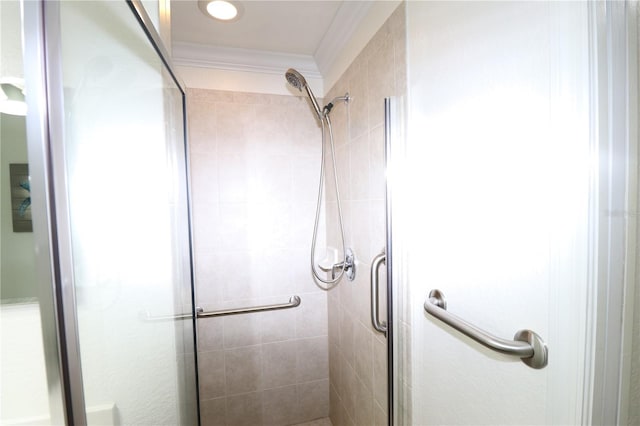 full bathroom featuring a shower stall and crown molding