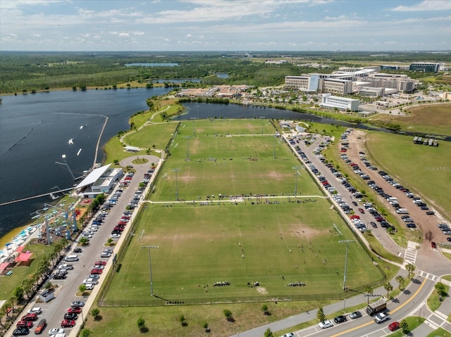 drone / aerial view with a water view