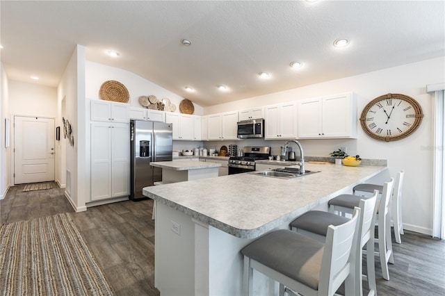 3390 Melissa Ln, The Villages, FL 32163 - kitchen featuring light countertops, a peninsula, stainless steel appliances, lofted ceiling, and a sink