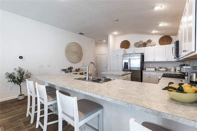 3390 Melissa Ln, The Villages, FL 32163 - kitchen featuring dark wood-style flooring, light countertops, stainless steel appliances, lofted ceiling, and a sink