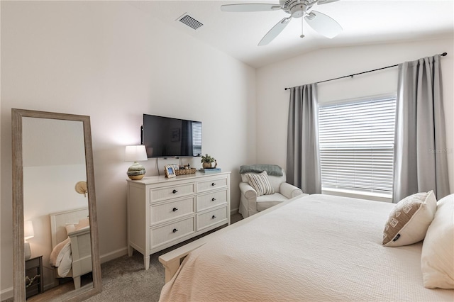 3390 Melissa Ln, The Villages, FL 32163 - bedroom featuring a ceiling fan, lofted ceiling, light colored carpet, and visible vents