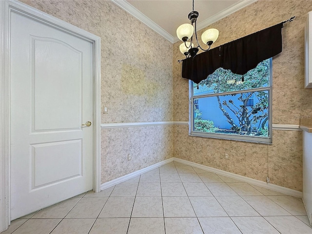 unfurnished dining area featuring ornamental molding, light tile patterned flooring, wallpapered walls, and an inviting chandelier