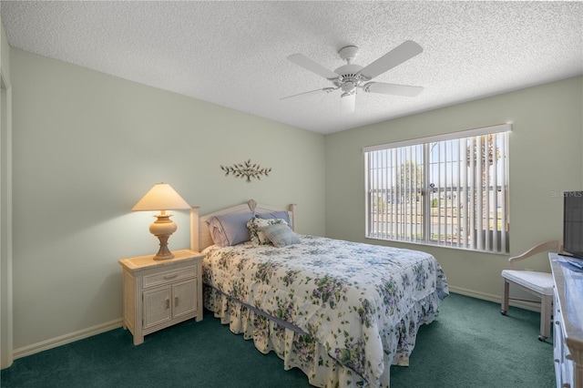 2738 Privada Dr, The Villages, FL 32162 - bedroom featuring a textured ceiling, carpet floors, ceiling fan, and baseboards