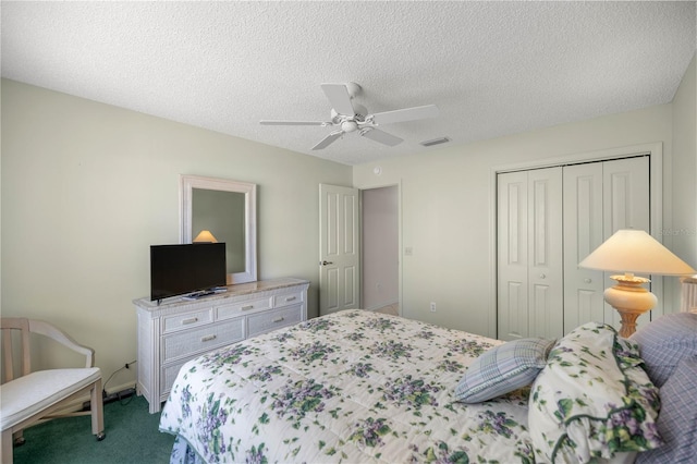 2738 Privada Dr, The Villages, FL 32162 - carpeted bedroom with a ceiling fan, a closet, visible vents, and a textured ceiling