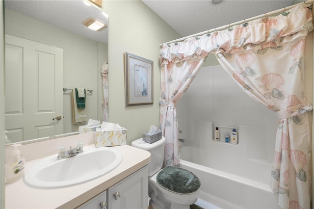 2738 Privada Dr, The Villages, FL 32162 - bathroom featuring toilet, shower / bathtub combination with curtain, a textured ceiling, and vanity