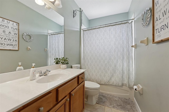 bathroom featuring toilet, tile patterned flooring, shower / bath combo with shower curtain, and vanity