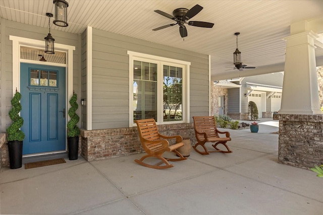 exterior space featuring covered porch and a ceiling fan